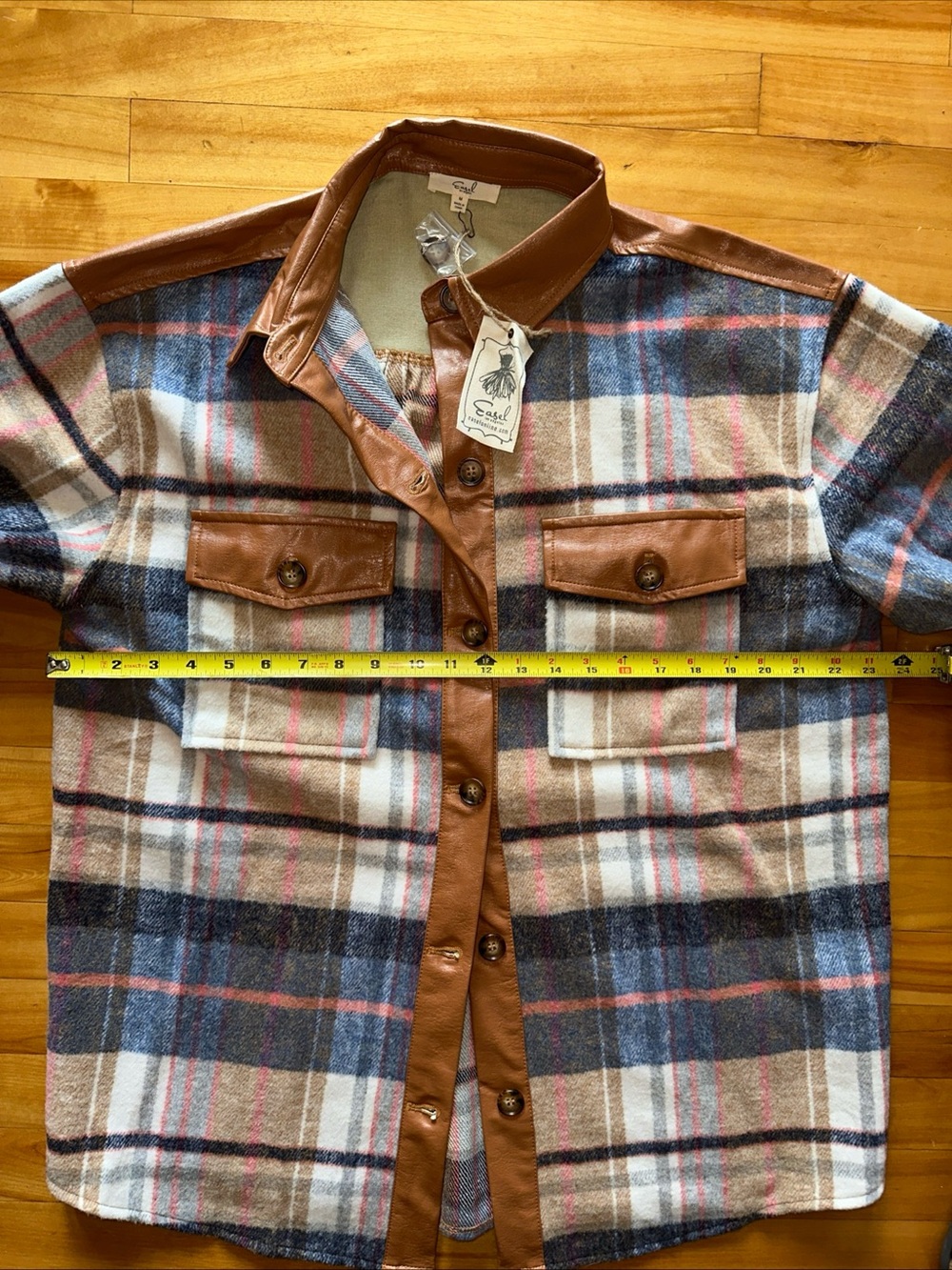 easel Brown Faux Leather Trim Plaid Jacket with Blue and Pink Accents - Picture 6 of 10